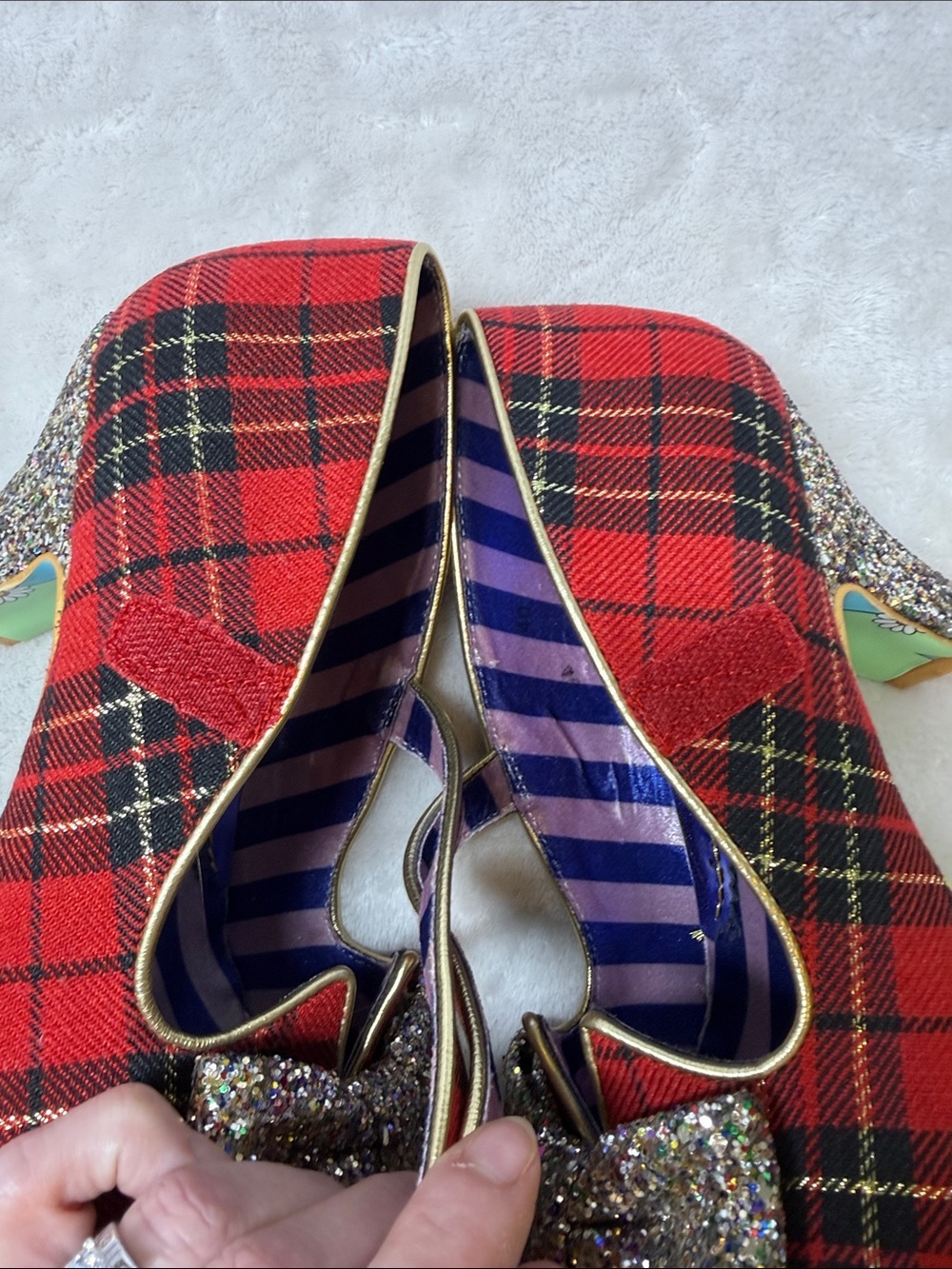 Irregular Choice "Piccolo" Red Tartan Mid Heels w/ Glitter Bows & Hilda Sole 9 - Picture 9 of 12